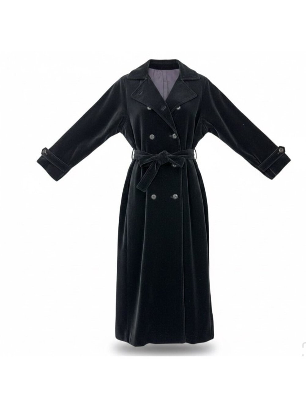Womens Black Velvet Double-Breasted Belted Coat Warm Outerwear